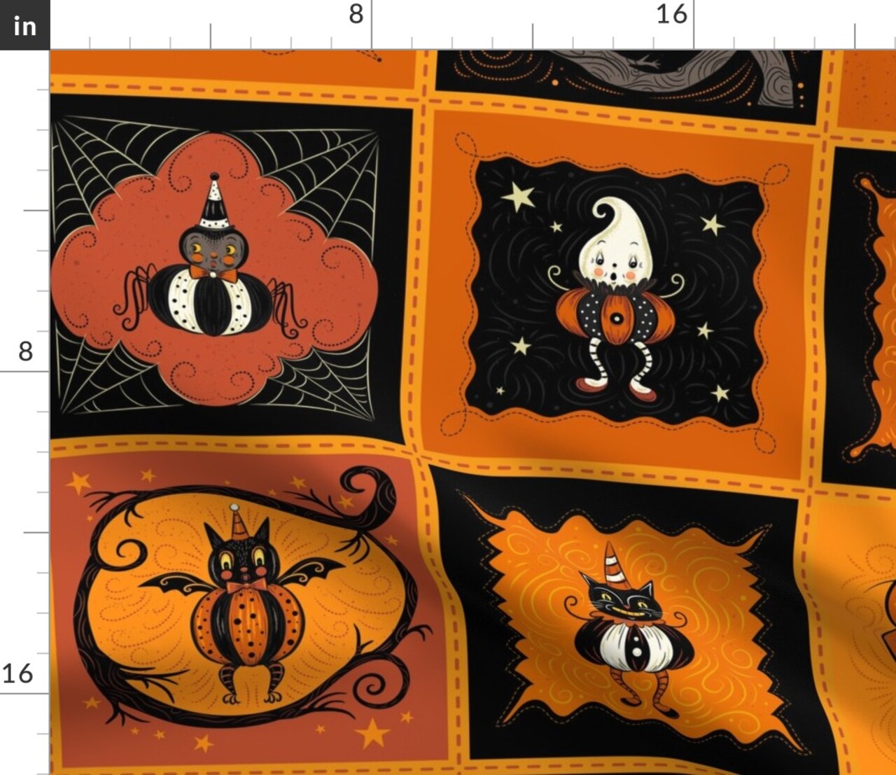 Halloween Patchwork Vintage Style Spider Ghost Pumpkin Kitsch Custom Printed Fabric by Spoonflower Various Fabrics by the Yard or Fat Quarter